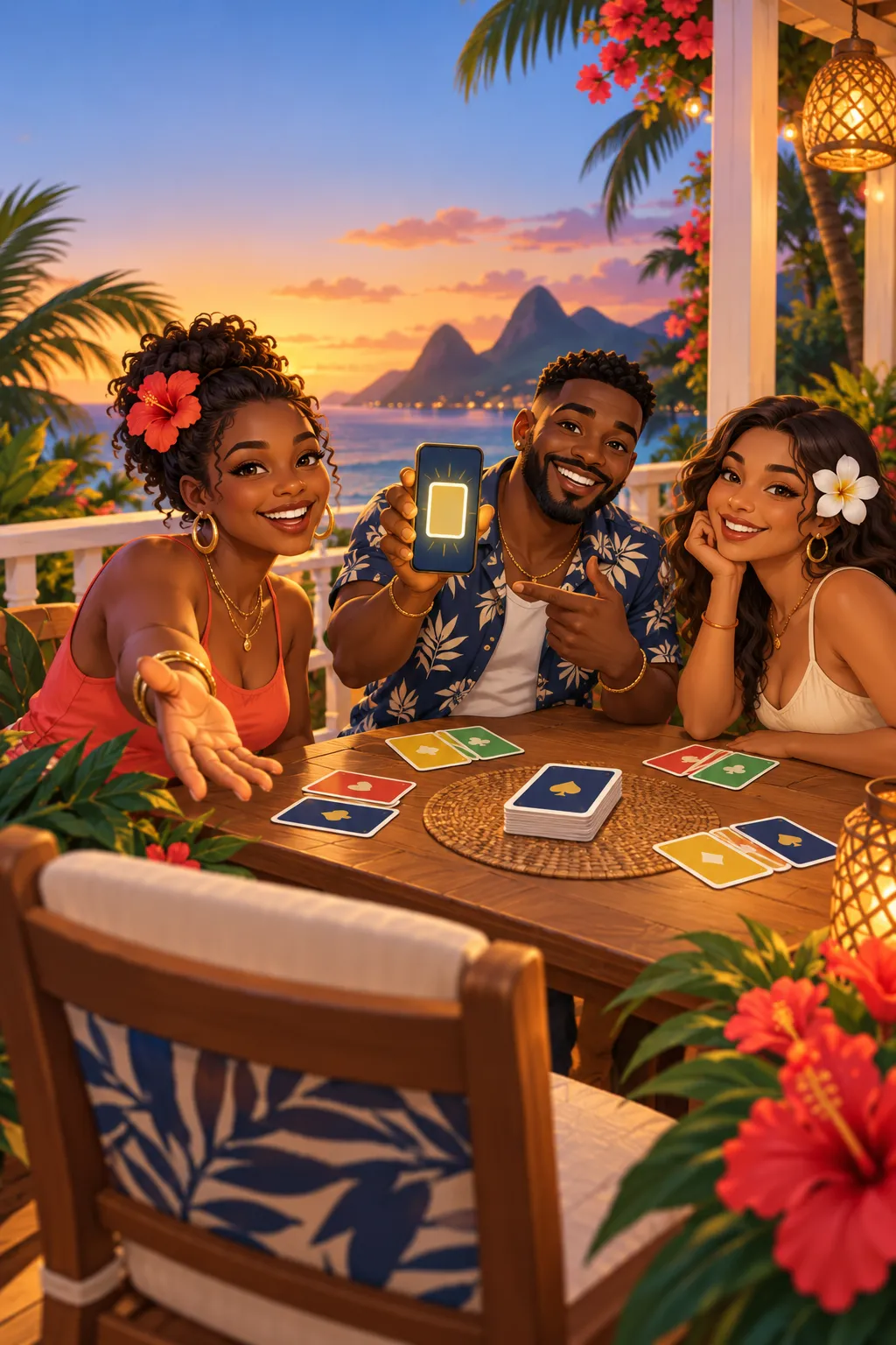 Friends sharing a game of cards at a Caribbean seaside table